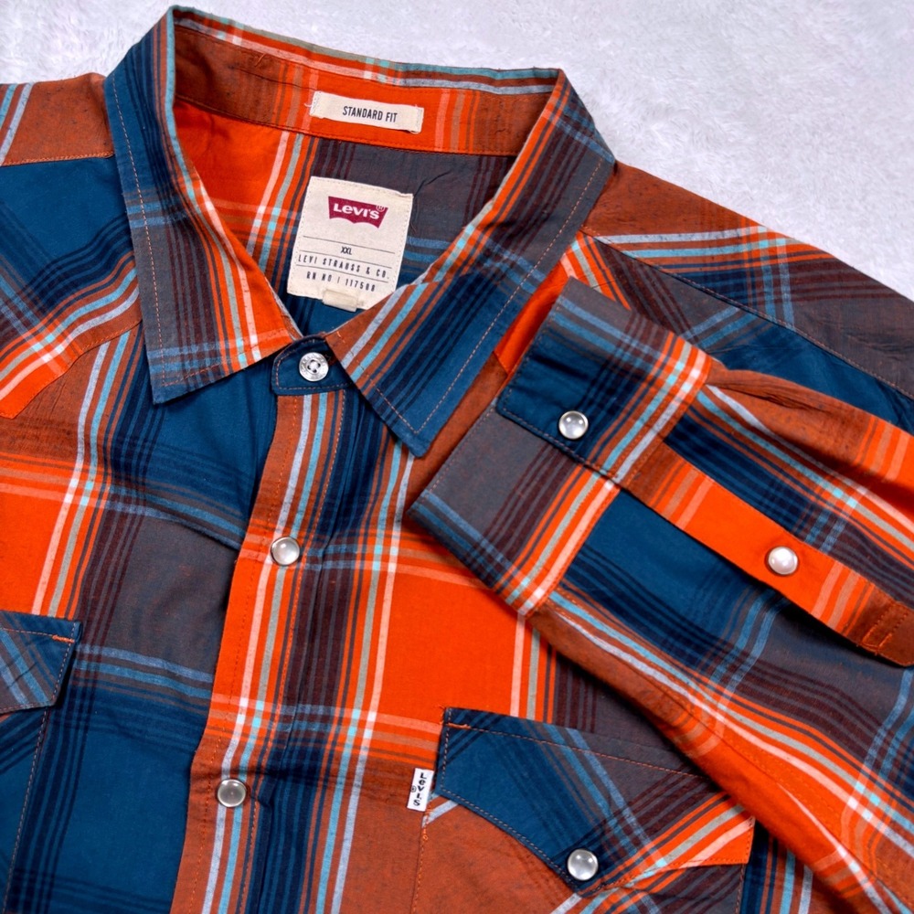 Levis Western Pearl Snap Shirt Mens XXL (FIT XL) Orange Blue Plaid Rodeo Cowboy